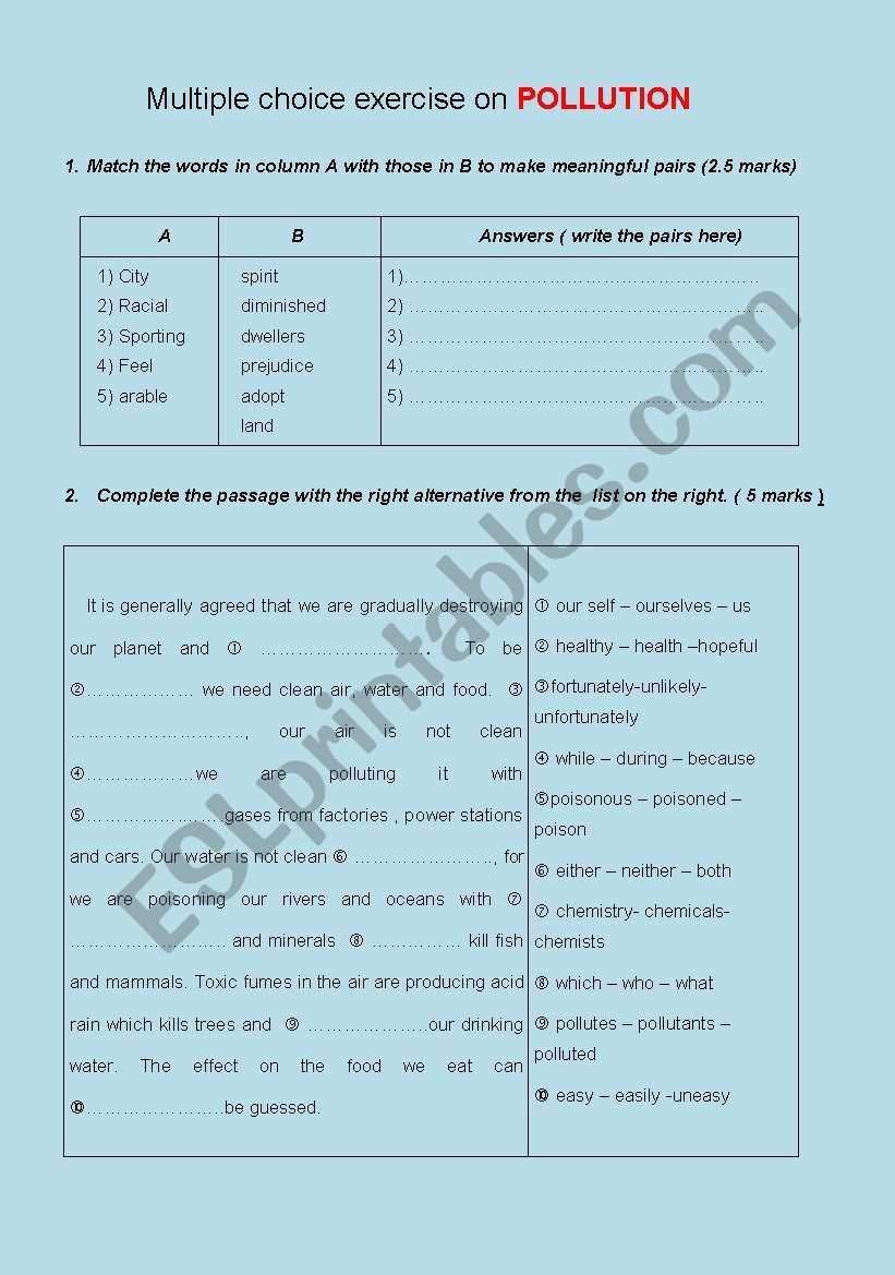 pollution worksheet