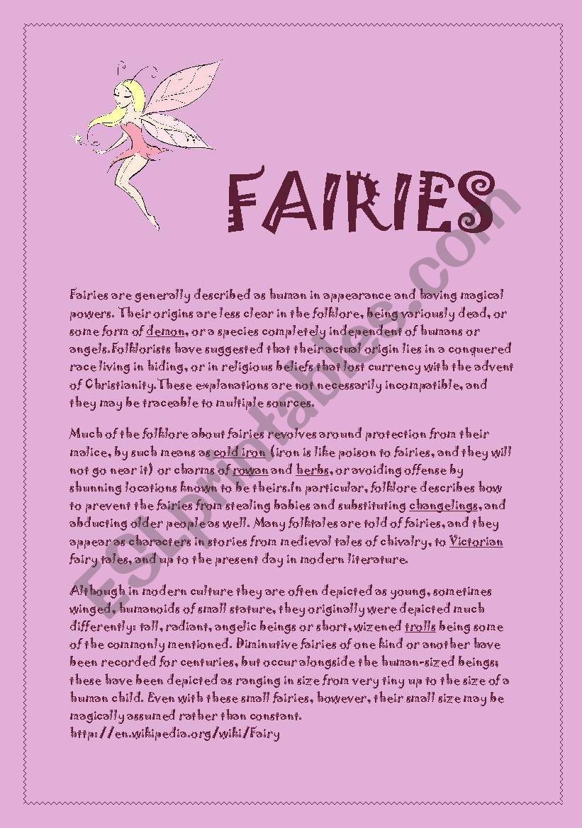 reading passage Fairies worksheet