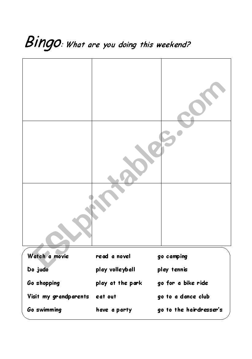 bingo board game worksheet