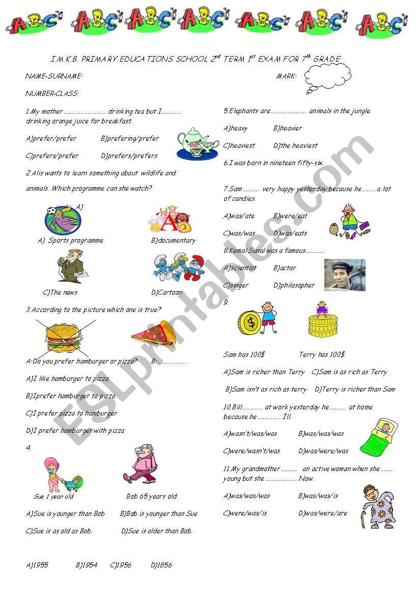 7th garde last exam part1 worksheet