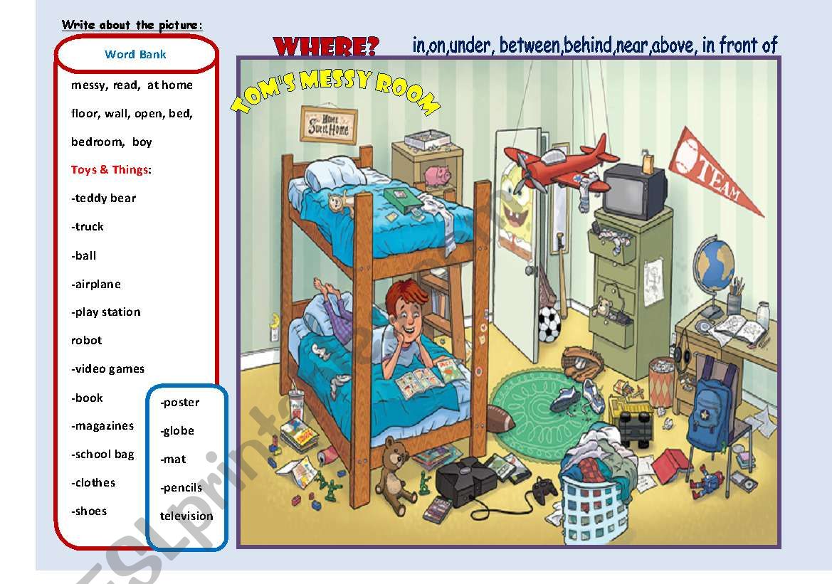 Writing Tom S Messy Bedroom 2 Pages Esl Worksheet By