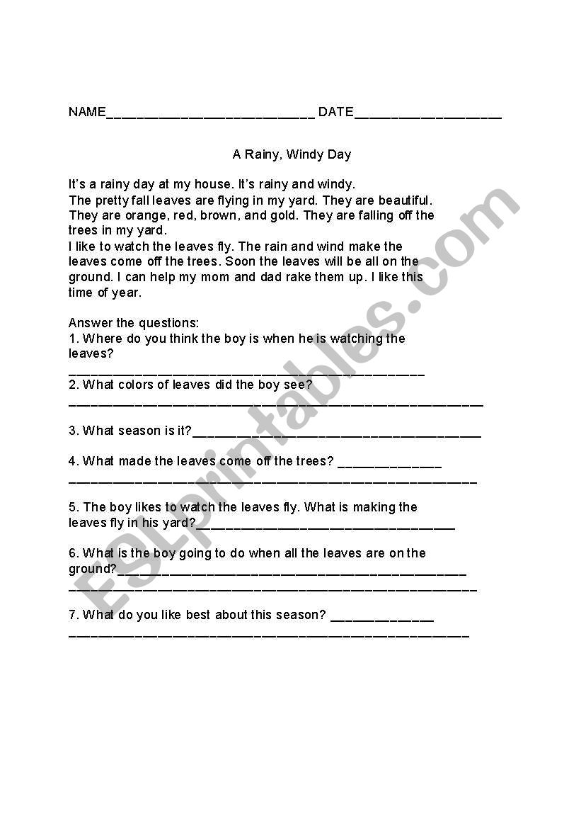 A Rainy Day worksheet