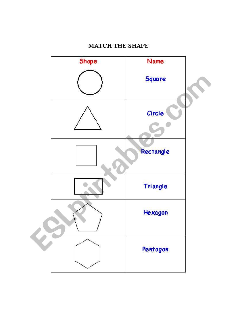 2D Shapes: Match the Shape worksheet