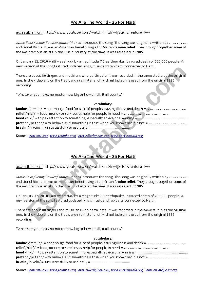 We Are the World for Haiti worksheet