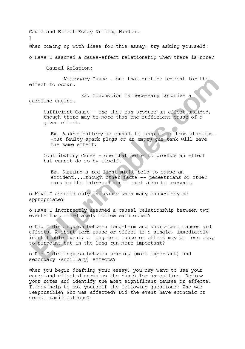 Cause and Effect Handout worksheet