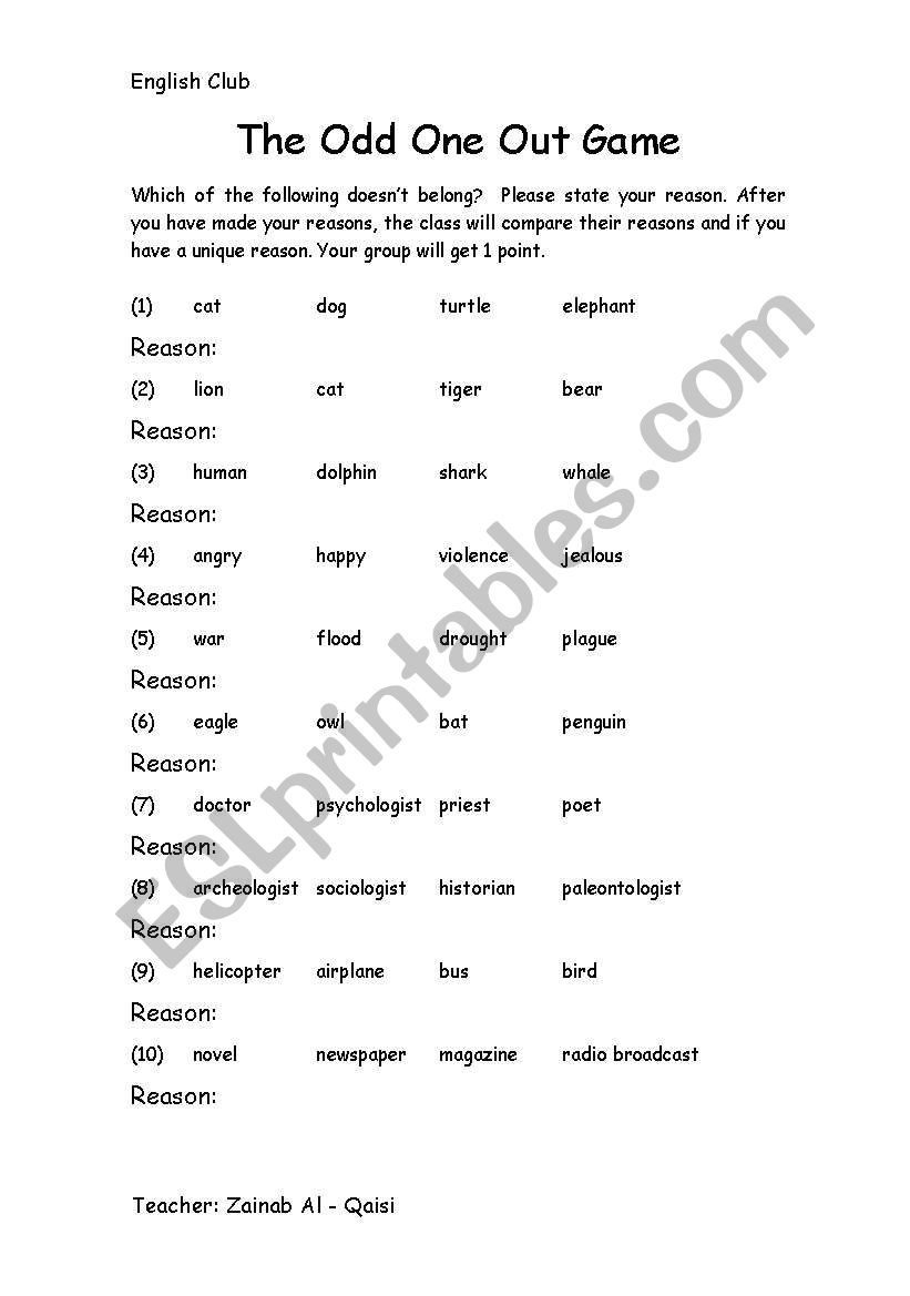 Odd one out worksheet