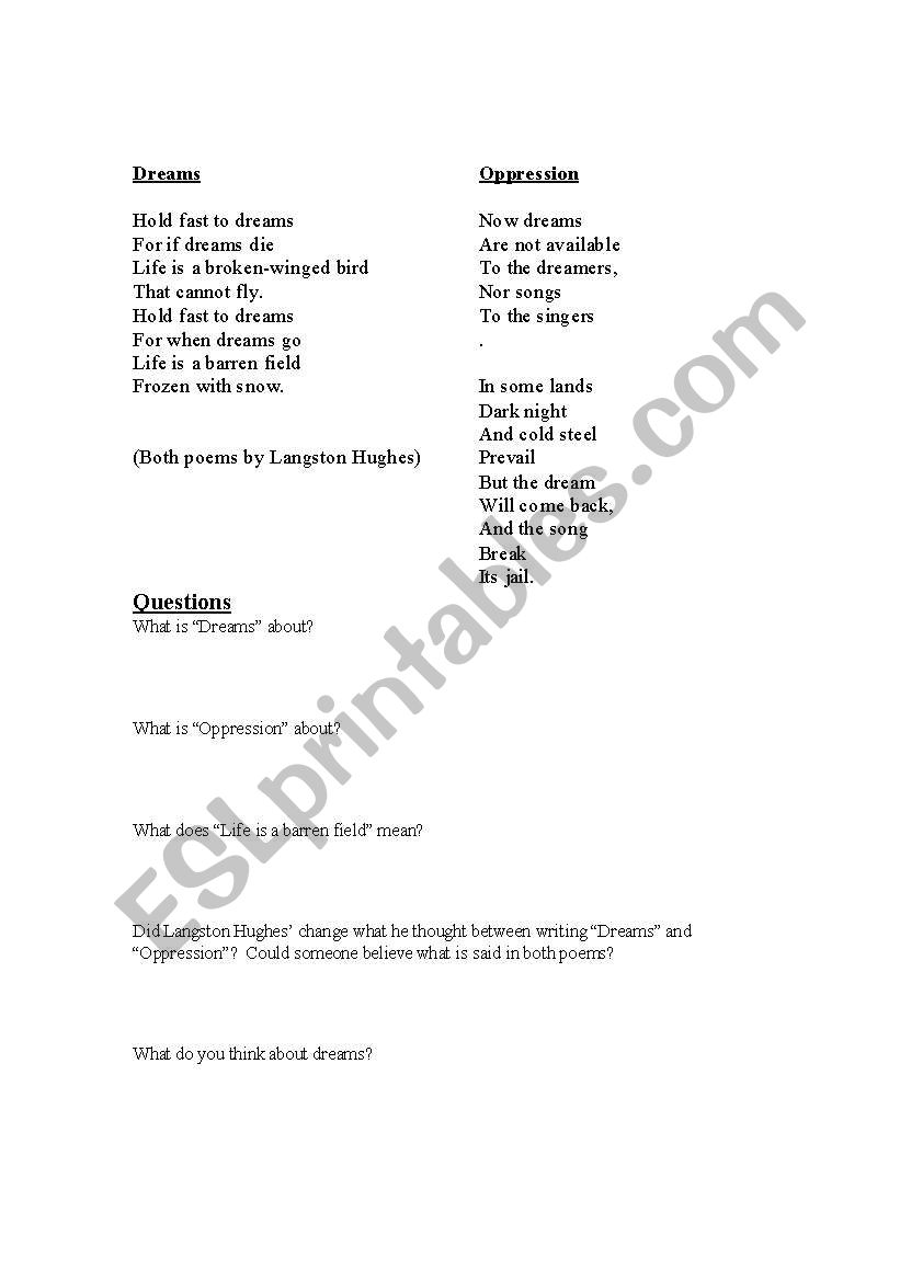 Langston Hughes Poem Analysis worksheet