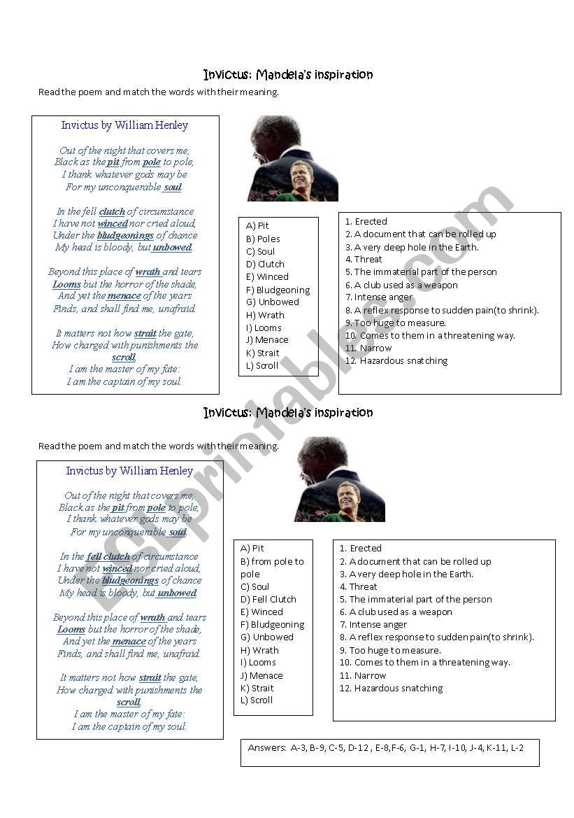 iNVICTUS POEM worksheet