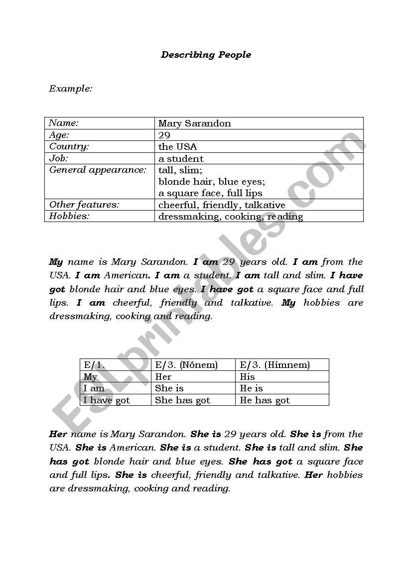 Describing people worksheet