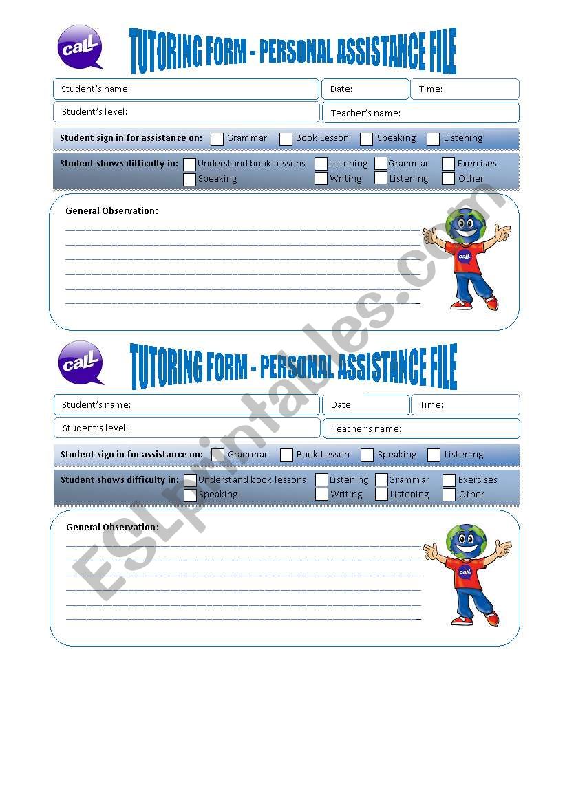 TUTORING FORM - PERSONAL ASSISTANCFE FILE