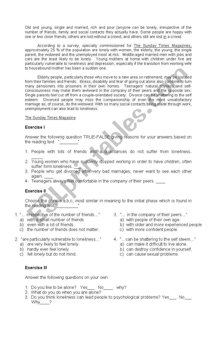 reading about loneliness worksheet