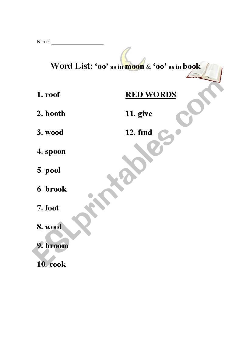 OO as in moon & book worksheet