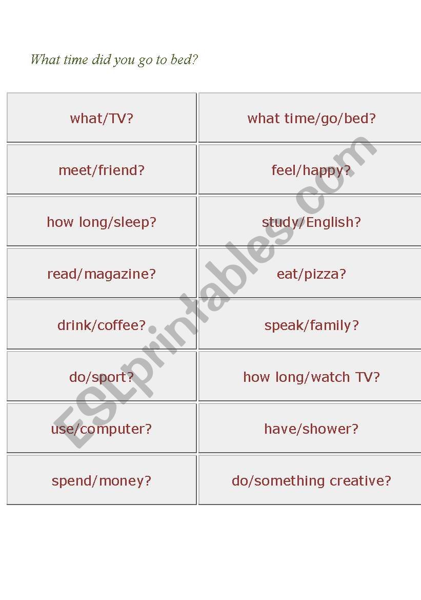 Past tense card game worksheet