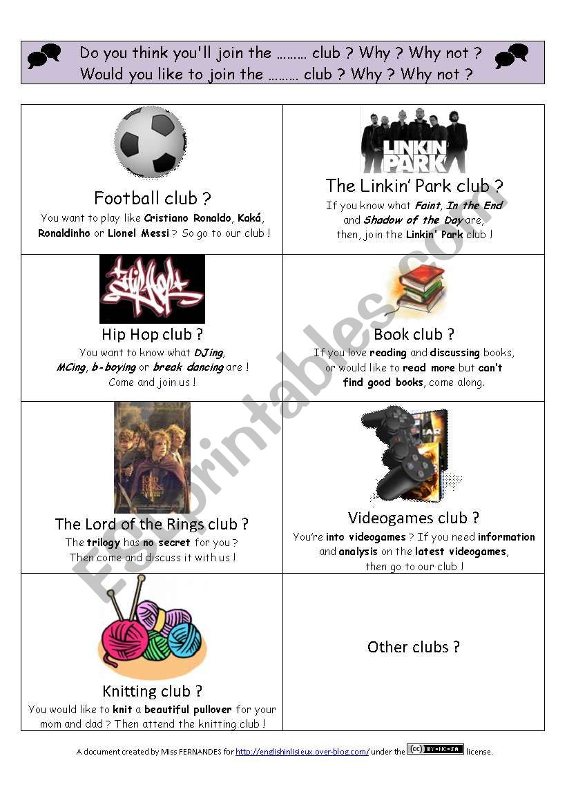 Speaking about joining a club - ESL worksheet by Flo23