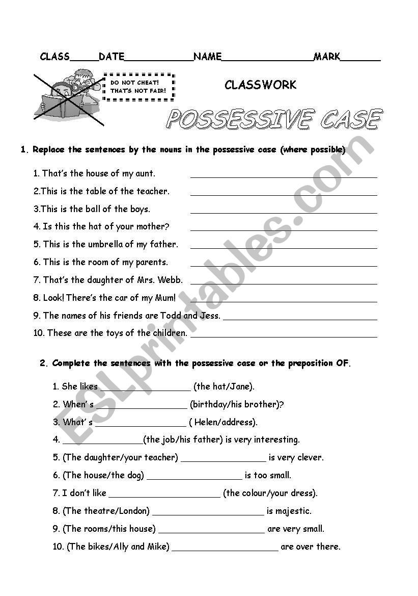 Possessive case  worksheet