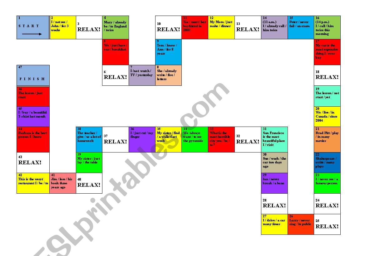 Present perfect gameboard worksheet