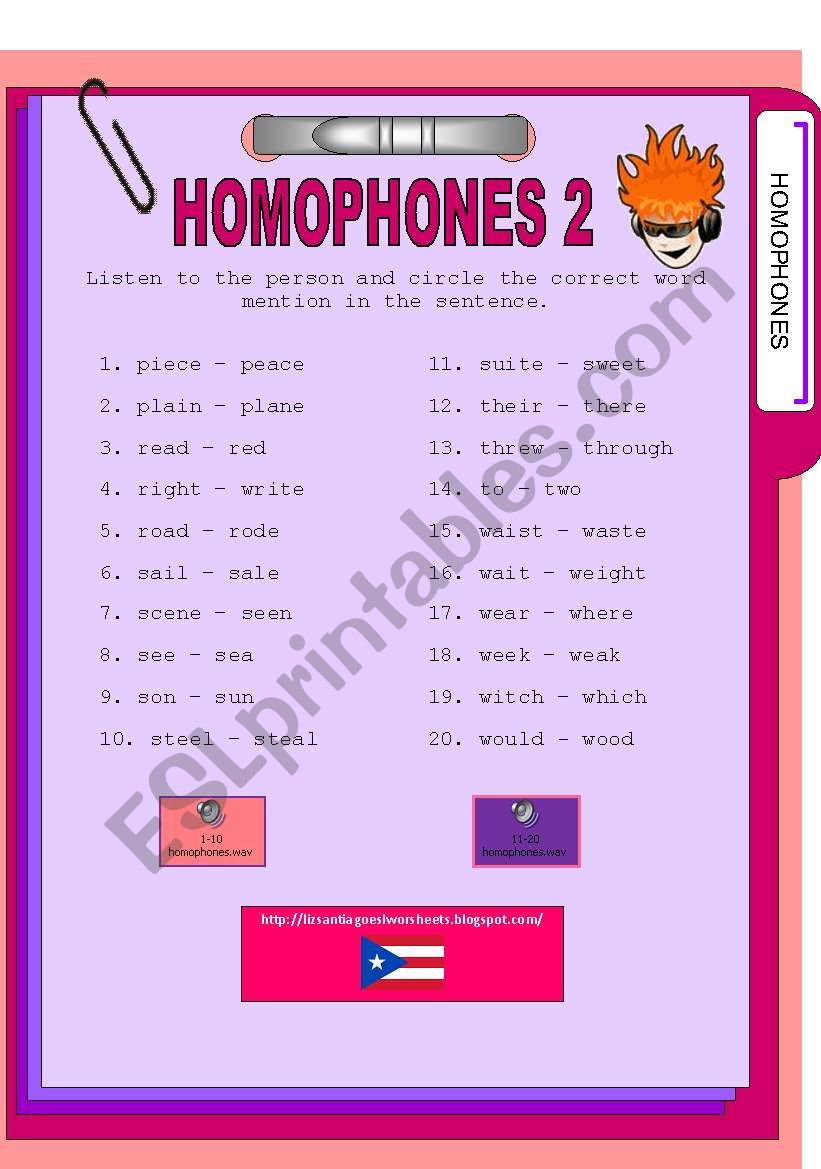 Homophone listening 2 worksheet