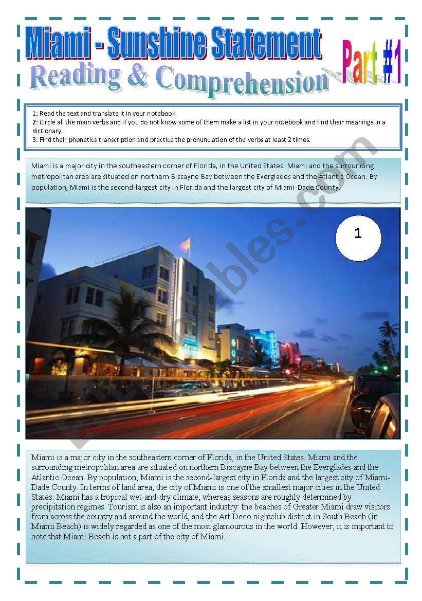 MIAMI - THE BEST CITY IN THE WORLD - (4 Pages - Part 1 of 2) Reading & Comprehension + 5 Exercises + Extra Activites