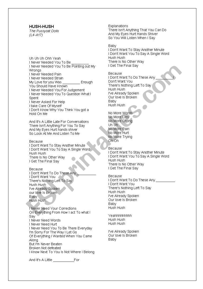 Song Hush Hush worksheet