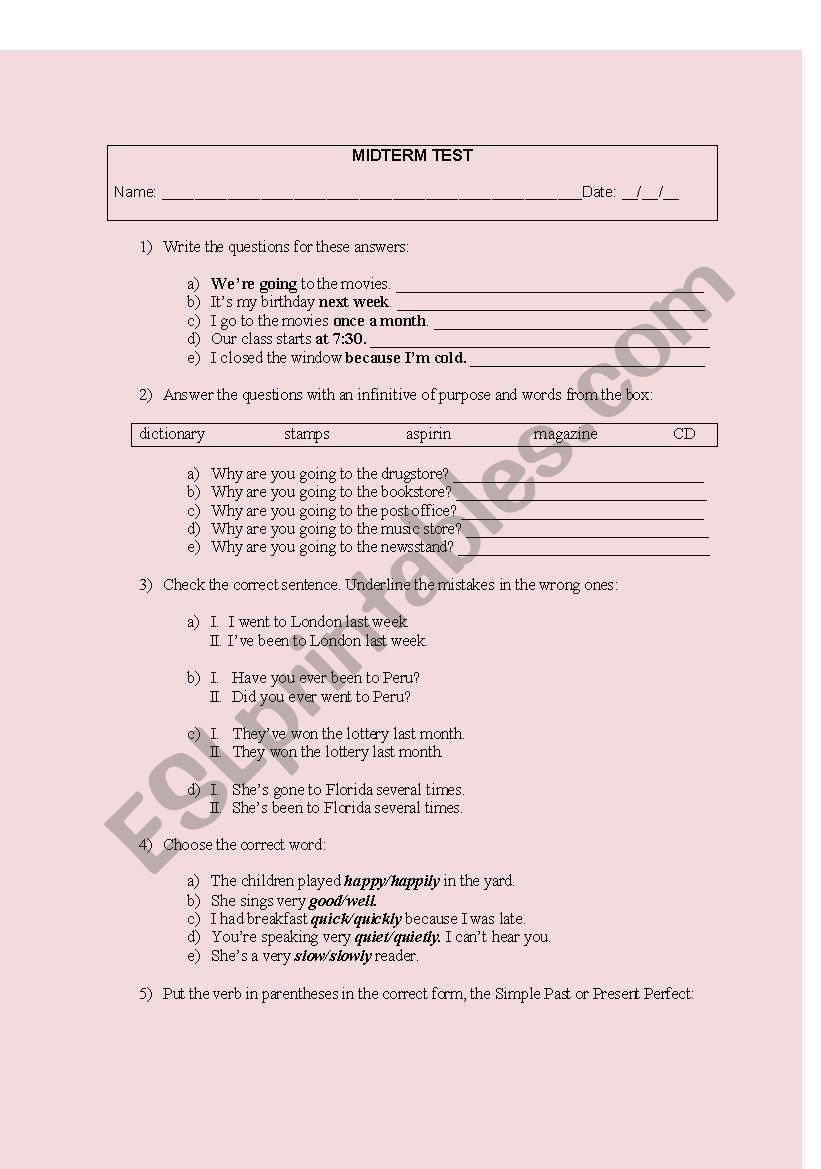 mdterm test worksheet