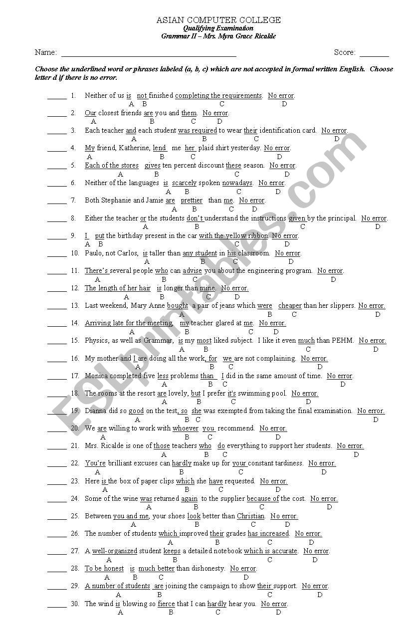 Error Detection Exam worksheet