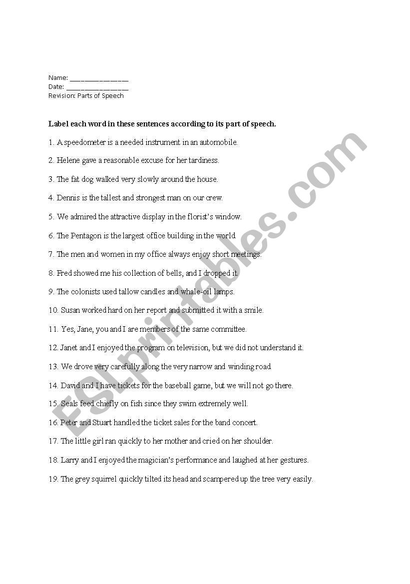 parts of speech revision worksheet