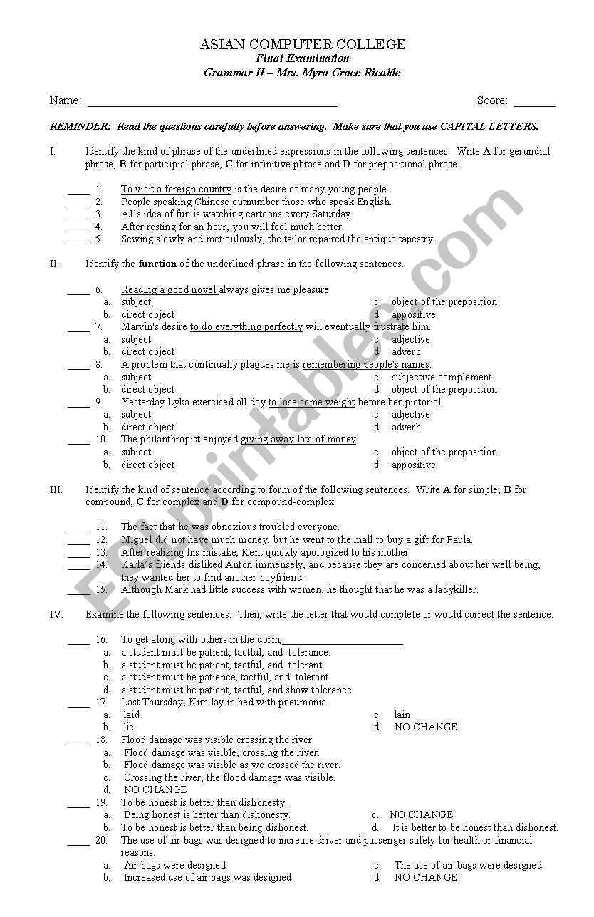 comprehensive-multiple-choice-exam-for-high-school-esl-worksheet-by-sassy-myers