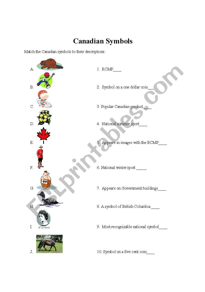 Canadian symbols worksheet