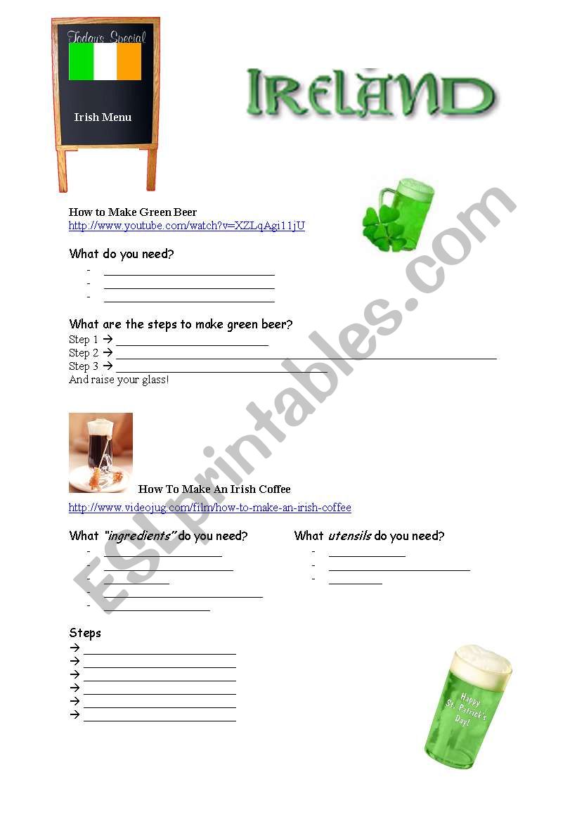 Irish drink recipes worksheet