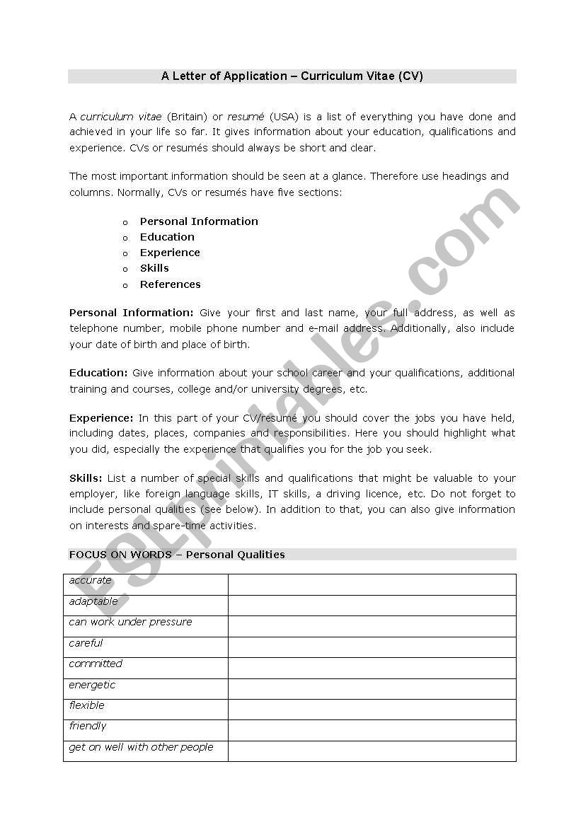 CV Worksheet worksheet