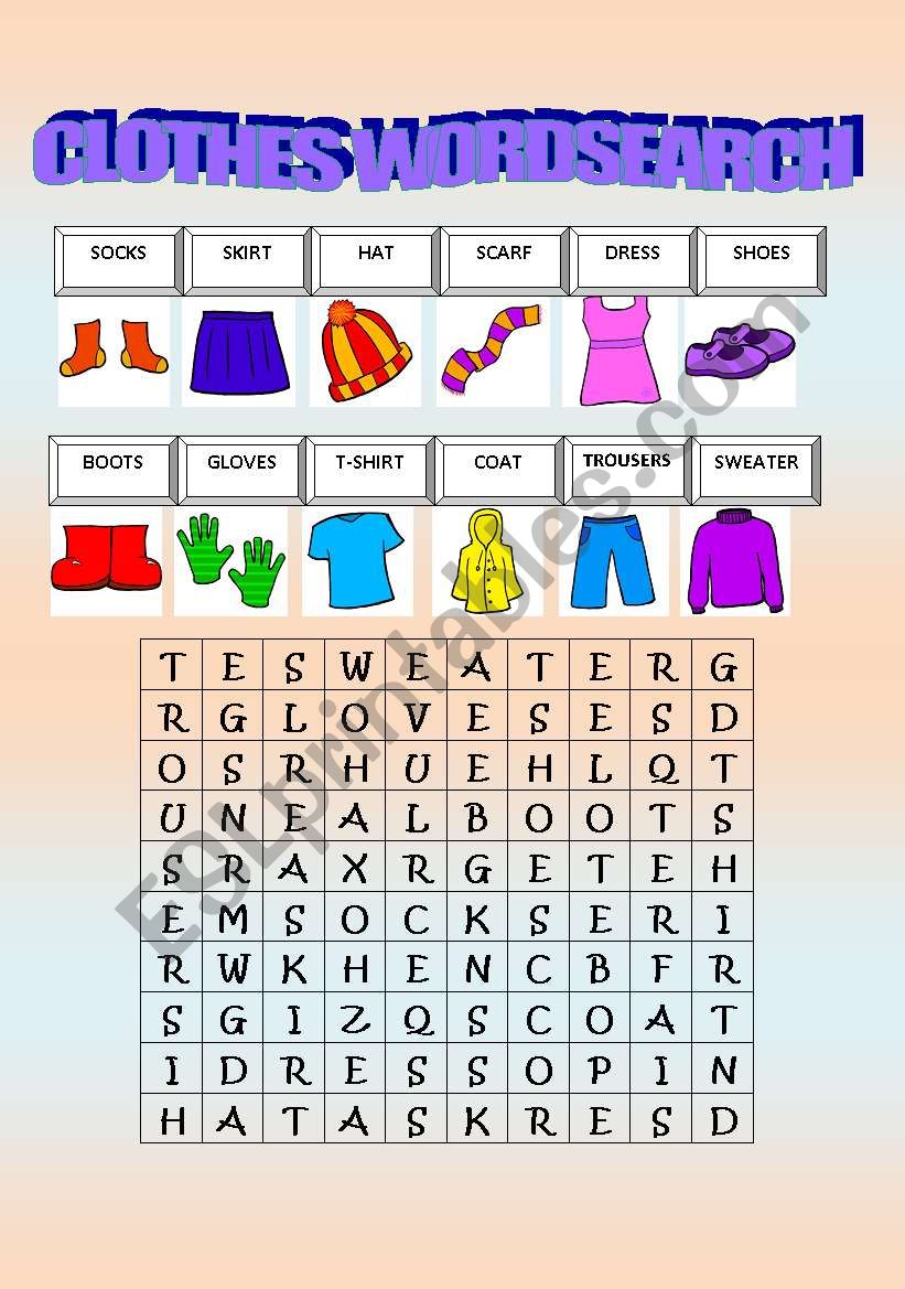 Clothes - Wordsearch worksheet
