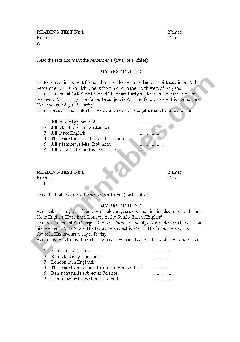 READING TEST worksheet