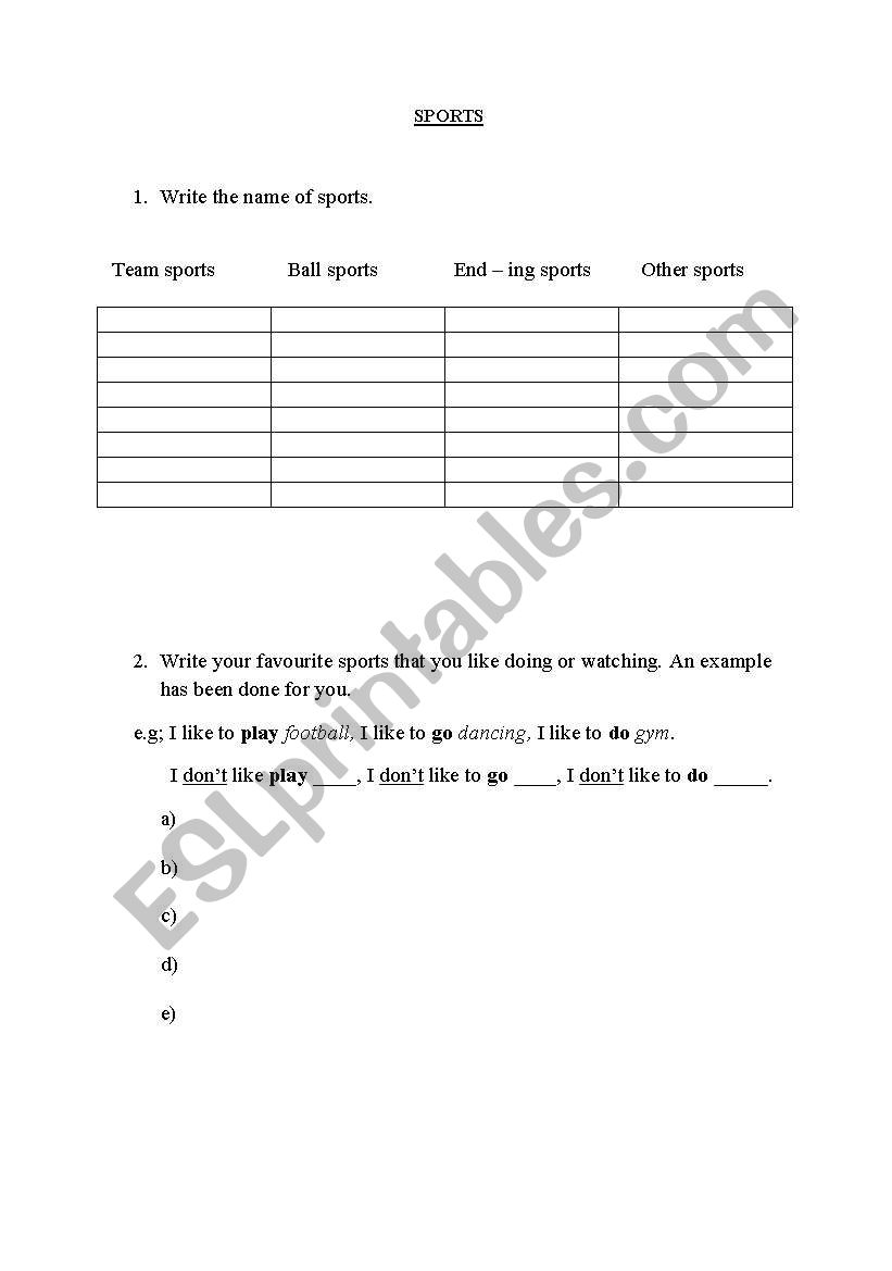 sports worksheet