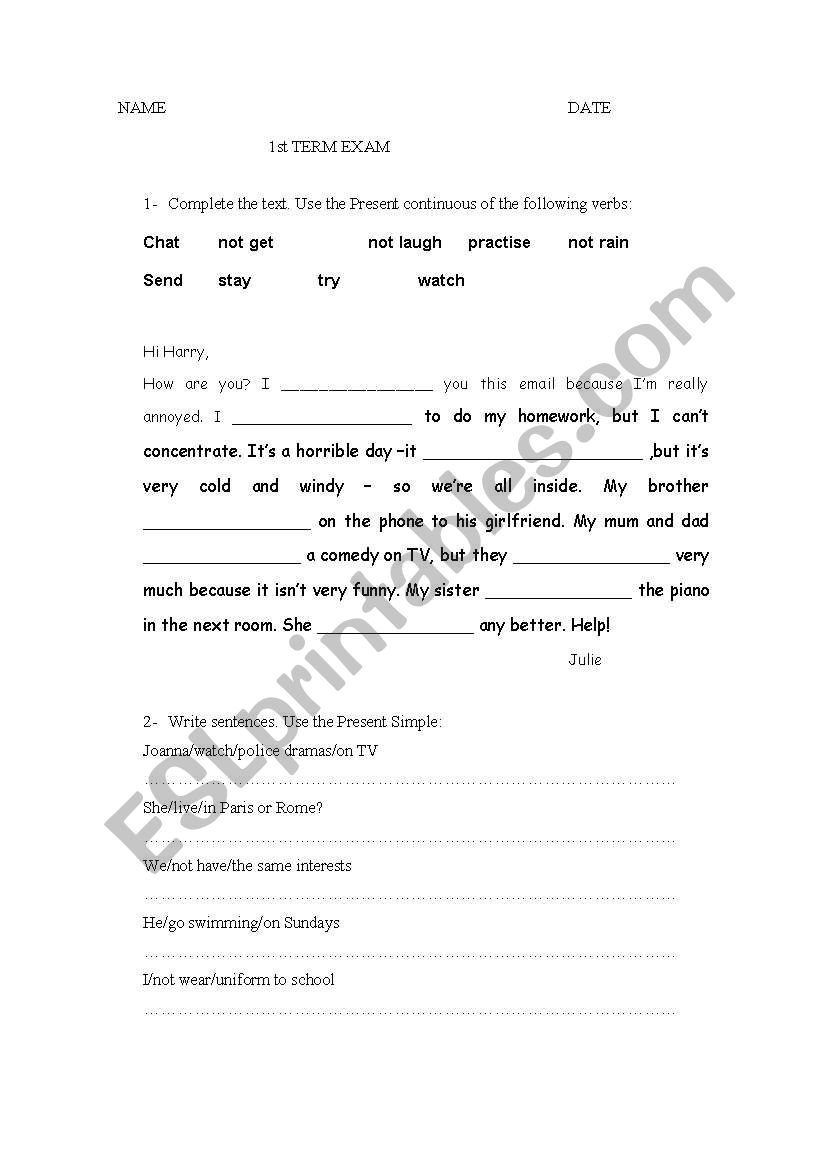 verb tenses exam worksheet