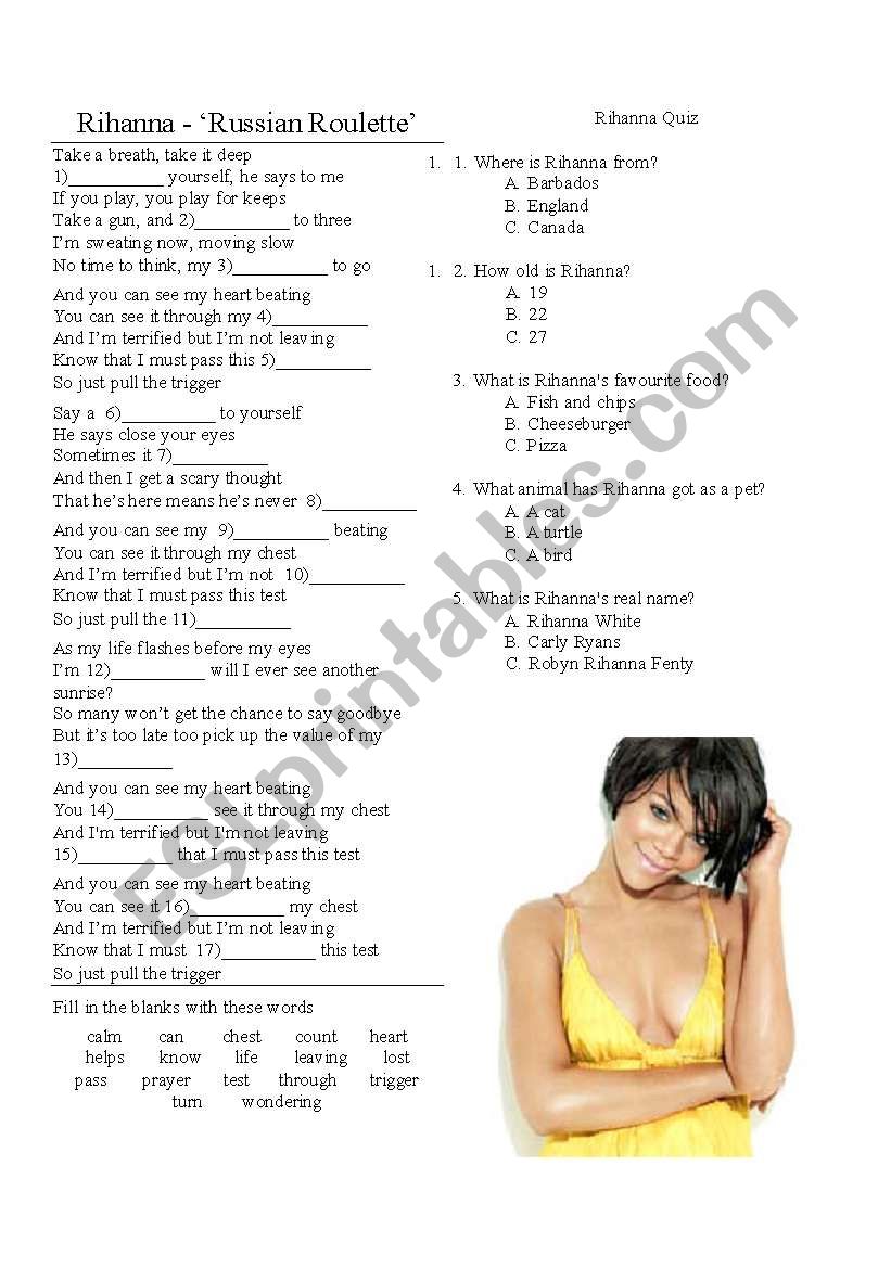 Russian Roulette Lyrics (Rihanna) - ESL worksheet by miry