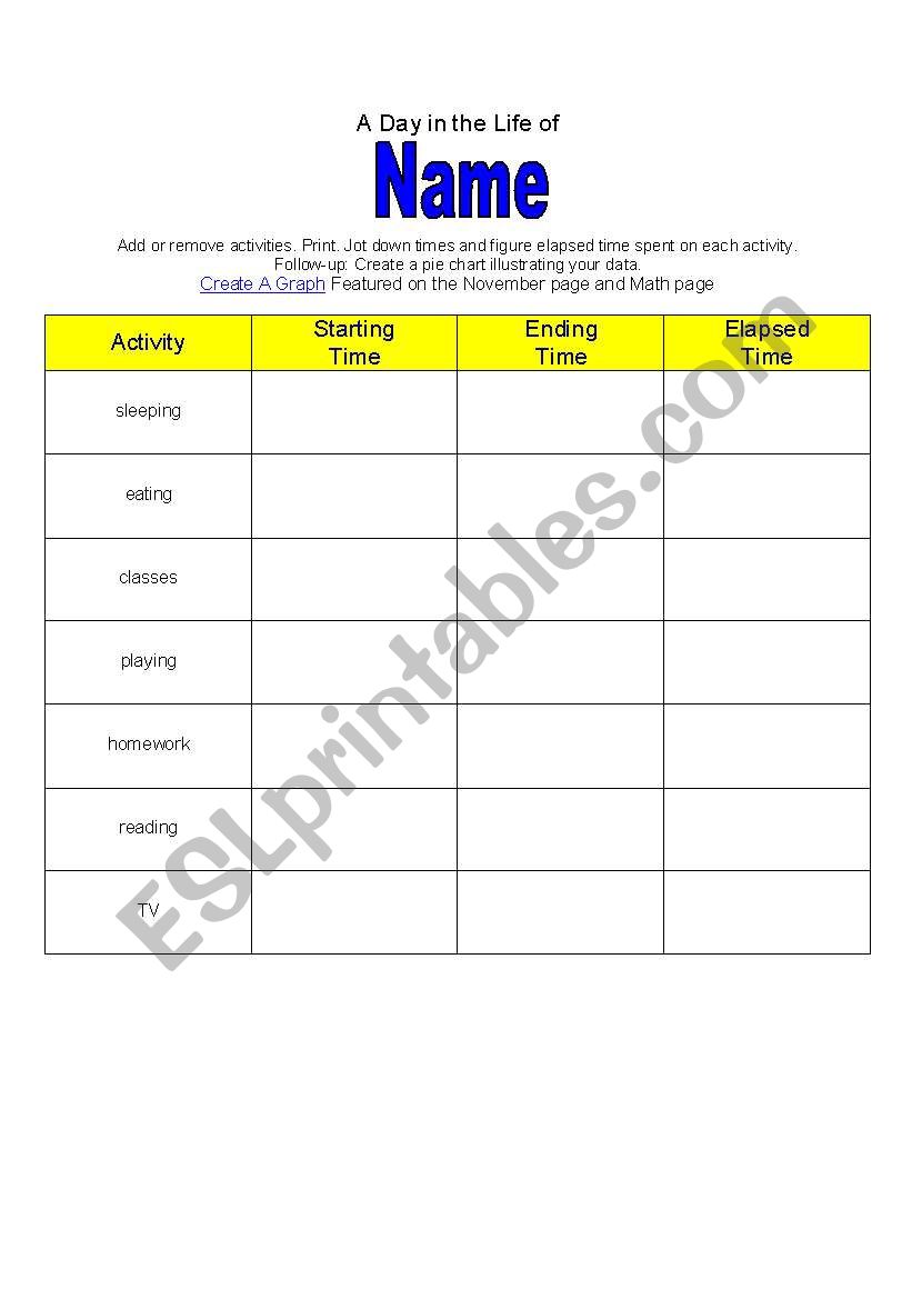 a day in my life chart worksheet