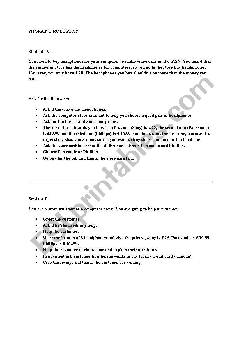 Shopping role olay exercise worksheet