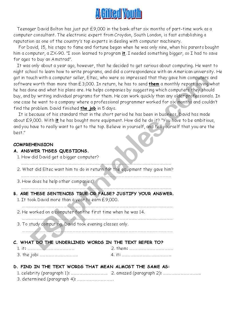 A Gifted Youth worksheet