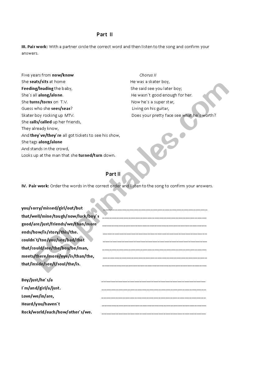 avril lavigne song skater boy worksheet