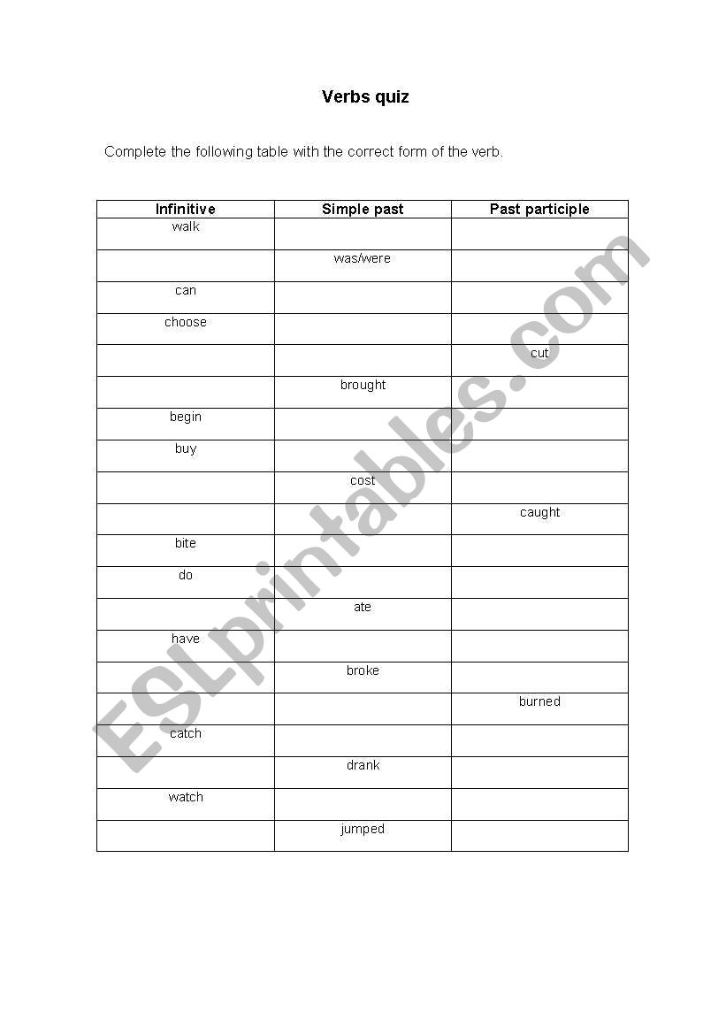 Irregular verbs quiz worksheet