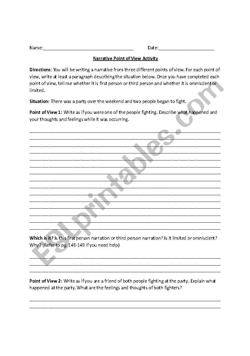 Narrative Point of View Writing Worksheet