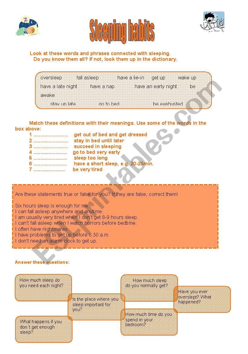 Sleeping habits worksheet