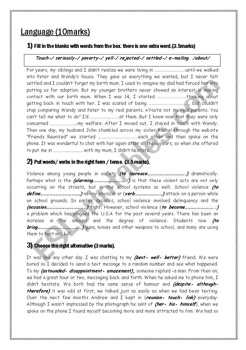 a very useful test for 1st year secondary school (  Tunisian )