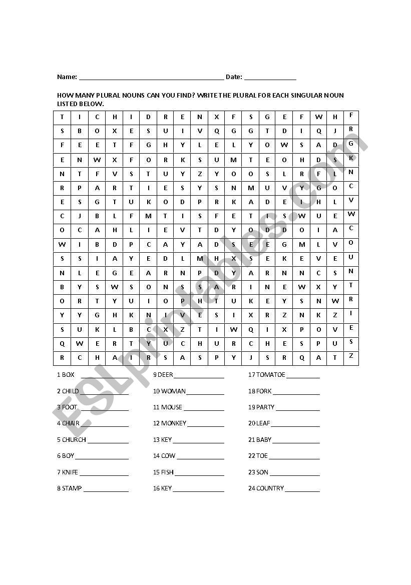 plurals crossword  worksheet