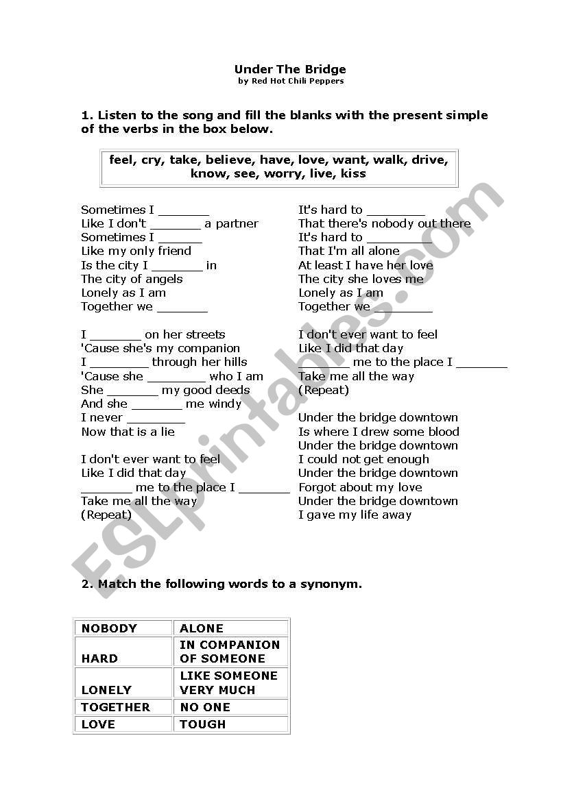 Under the Bridge worksheet