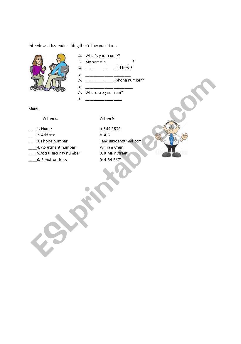 Personal information worksheet