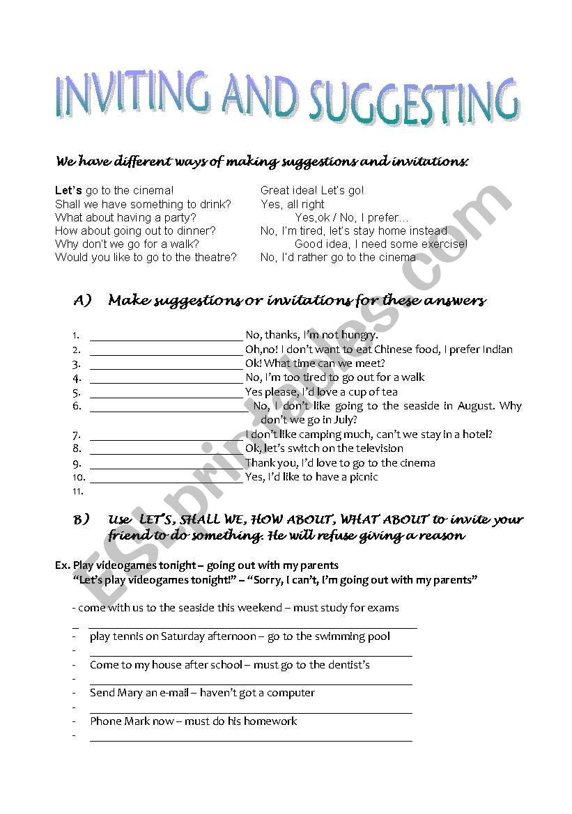 INVITING AND SUGGESTING worksheet