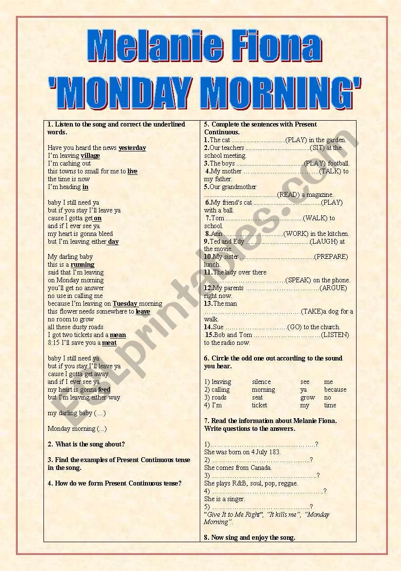 MONDAY MORNING Melanie Fiona worksheet