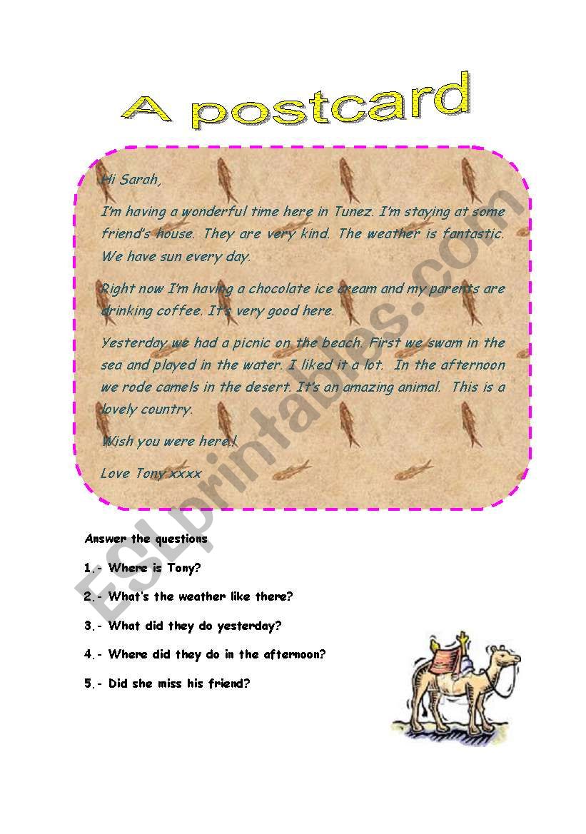 WRITING A POSTCARD worksheet