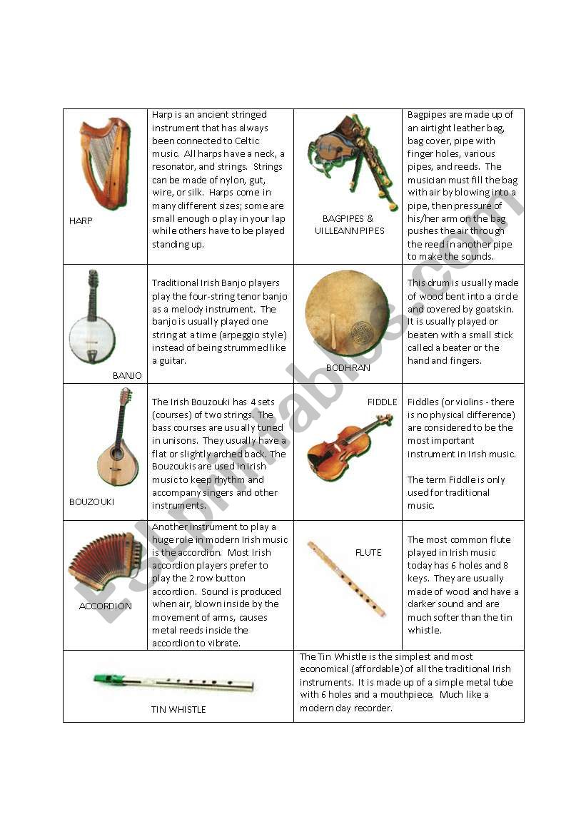 Common Irish Instruments worksheet